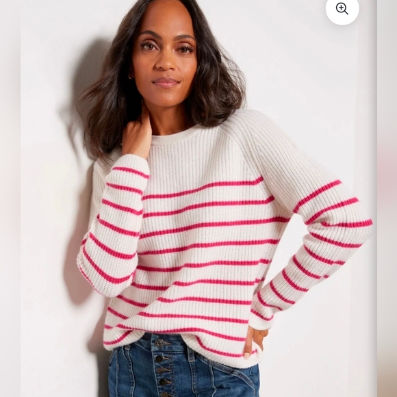 Evereve Cashmere Campbell Stripe Pullover Cream & Pink Sweater Size XS Relaxed - Picture 1 of 12